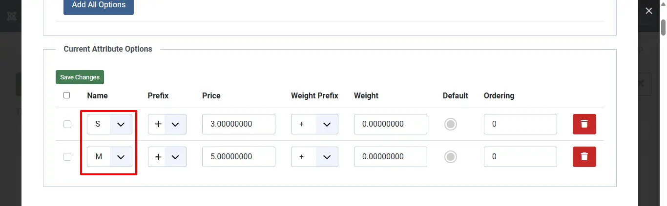 Adding option values to products